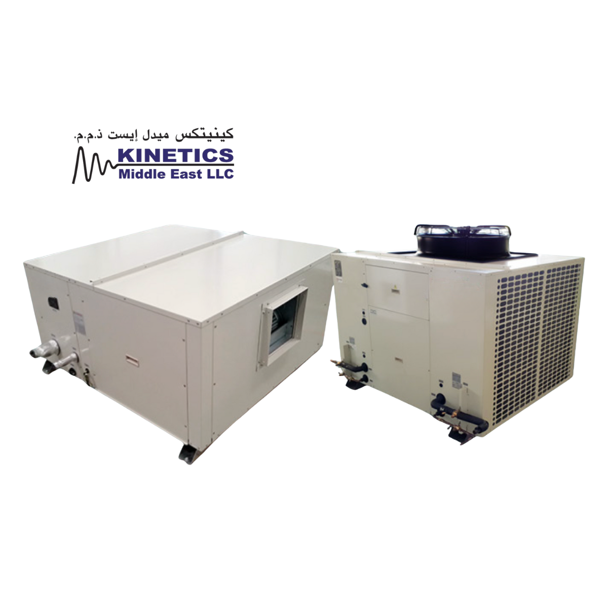 Kinetics DX Condensing Unit – commercial ducted split air conditioning system with R410A refrigerant, scroll compressor, copper tube–aluminum fin condenser coil, and galvanized steel casing for high-efficiency cooling in extreme Middle Eastern climates.